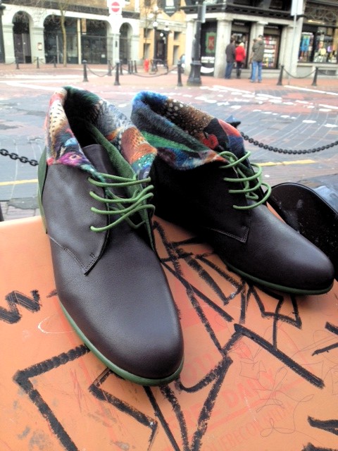 Desigual dark-purple-and-green leather shoes can be rolled down to show off the colourful inside liner. photo by angelvancouver.com Desigual.shoes (1)