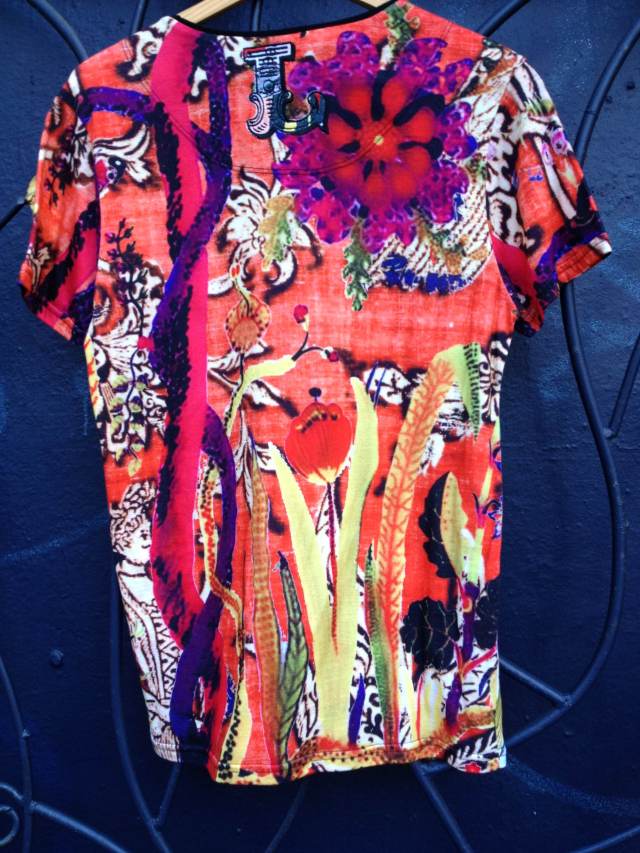 Here is the back of the parrot shirt designed by Christian Lacroix for Desigual. Photo by angelvancouver.com We still have a few of these shirts in stock as of May 2013 Desigual.parrot.back.LCROIX