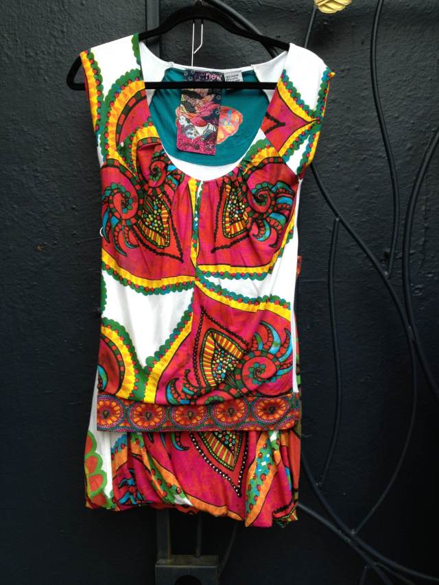 This dress and top sold today -- Tuesday July 3 -- to a woman from Detroit. It was our last one. Desigual "Little Queen" top and matching Silence skirt. The top is regularly $79 and the skirt is $74. We're offering 35 per cent off this week -- now $52 for the top and $48 for the skirt. That's $100 for the outfit. Photo by angelvancouver.com DesigualLittleQueen.$79.and.matching.Silence.skirt.$74