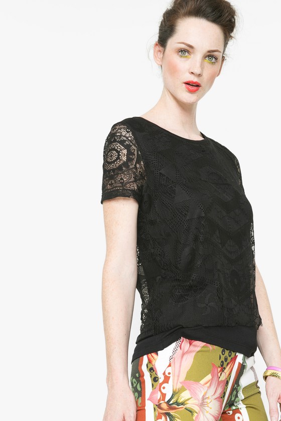 Desigual ABRICA black T-shirt with lace designed by Christian Lacroix. $115.95. Spring-Summer 2016.