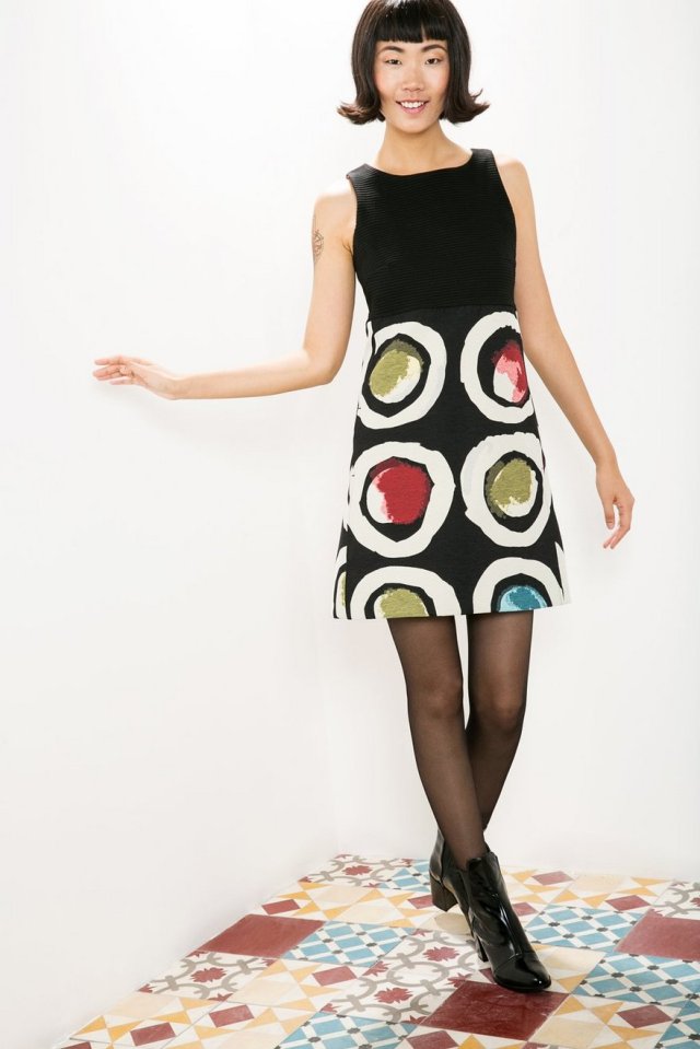 Desigual PETIT CAPRICE pinafore dress. Sleeveless with water-colour-style circles. $179.95. Fall-Winter 2015.