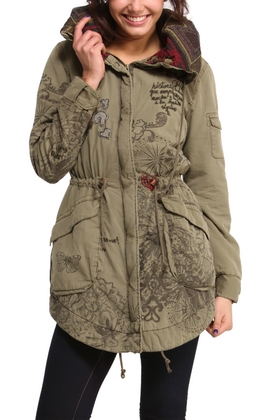 Desigual ALBACETE overcoat in military green. It has a removable faux-fur liner. $329.