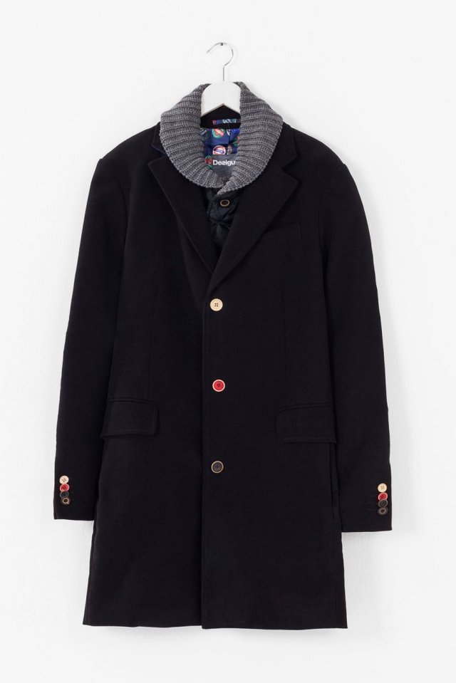 Desigual Winner winter overcoat with different coloured buttons on front and on cuffs. Removable quilted liner and knitted collar. Was $365.95, now on sale for $292.75. Fall-Winter 2015