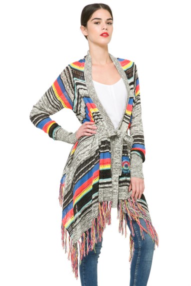 This cardigan has fringe benefits and ties at the waist with a belt. Composition: 77% acrylic, 23% cotton Desigual SKY knittrd sweater. $169.95. Spring-Summer 2016.