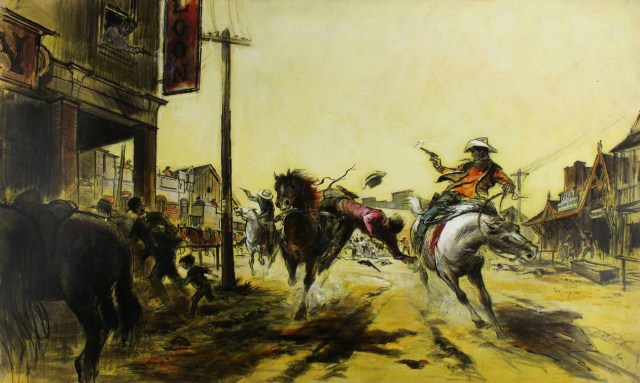 After leaving Disney, Tyrus went to work for Warner Brothers. This is his painting for a scene in 1969 Warner Bros. film The Wild Bunch (1969). tyruswong_rip_j