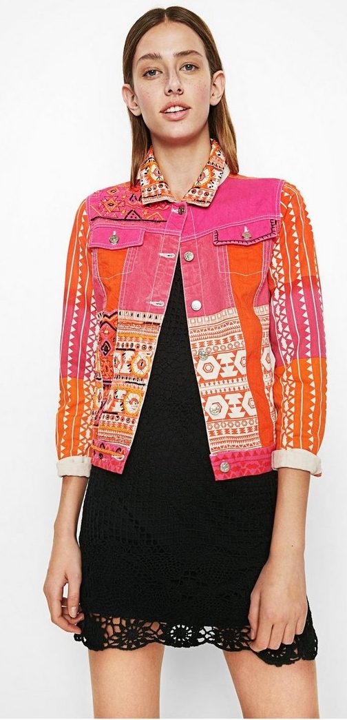 Desigual CIRCINI jacket features orange and pink and has embroidery front and back. It's now on sale @ 30% off. 71E2jc9-3064
