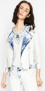 Desigual BEACH DENIM jacket with moto zipper front and embroidery on back, which says "Global Traveller." Was $235.95. Now 20% off. Summer 2017 collection.