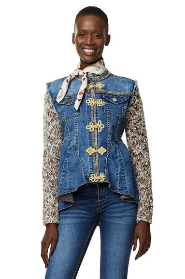 Desigual EXOTIC RUFFLES coat. Denim body, knitted sleeves, ruffles in the back. $239.95. FW2017 17wwed22