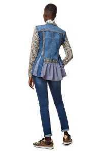 Showing the ruffles in the back. Desigual EXOTIC RUFFLES coat. Denim body, knitted sleeves, ruffles in the back. $239.95. FW2017 17wwed22