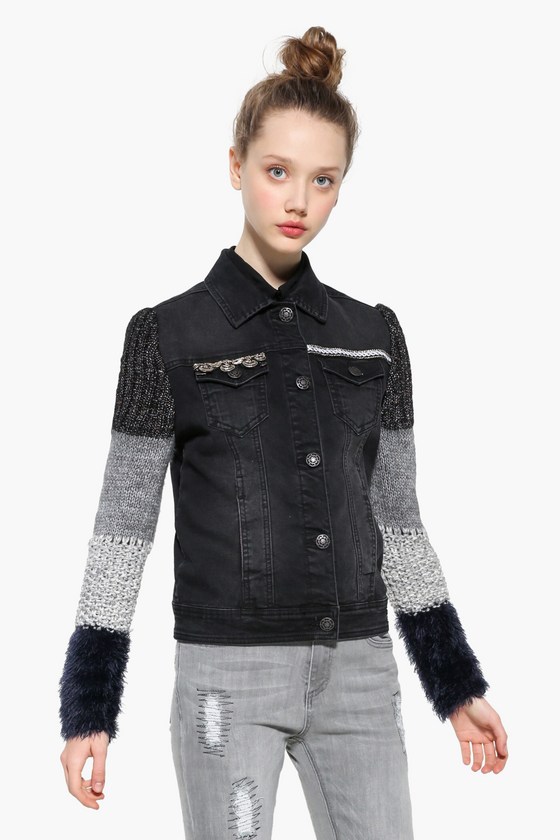 Desigual EXOTIC BLACK denim jacket with knitted sleeves. $189.95. FW2017.