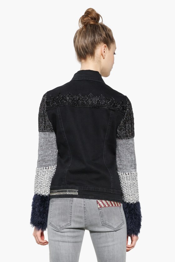Desigual EXOTIC BLACK denim jacket with knitted sleeves. $189.95. FW2017.
