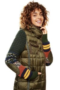 Showing hood removed. Desigual MICHELLE PADDED coat. Knitted sleeves, faux fur around hood, zip pockets and embroidery. $425.95. FW2017.