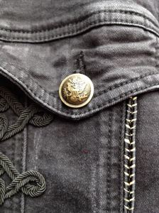 ANGEL IS SOLD OUT OF THIS JACKET. Desigual NAVY denim coat, showing button detail. It's actually black denim. Part of Desigual's Fall-Winter 2017 collection, which is called Extraordinary. We've already sold two of these coats and have only two left.