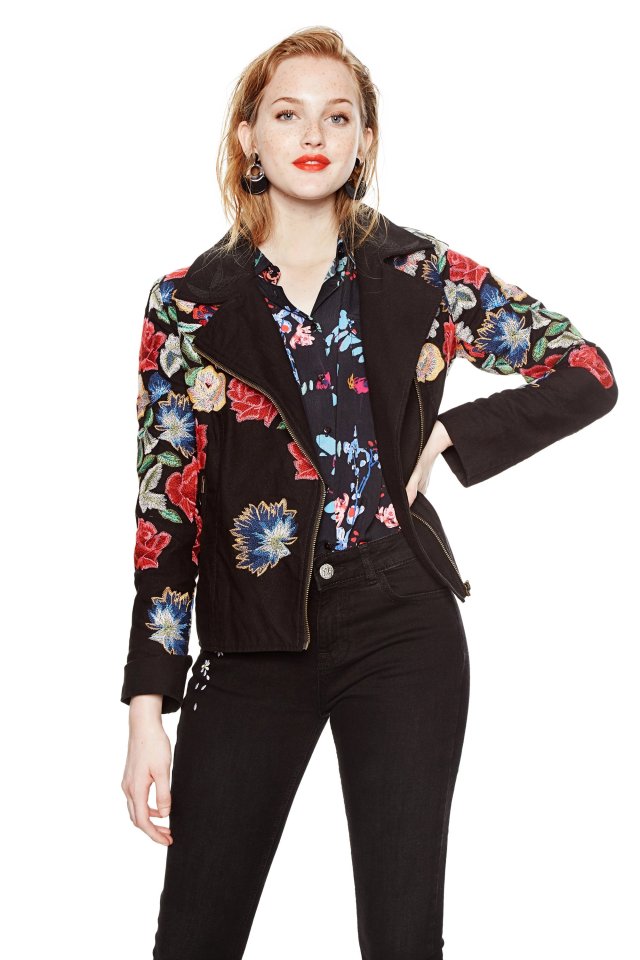 Desigual FIORELLA embroidered cotton jacket with a moto-style zip front. $359.95. Now on sale at 20% off,