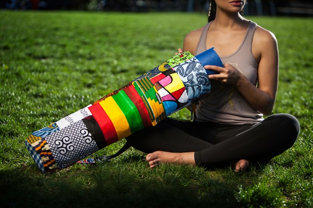 Naa Sheka yoga bag with shoulder strap. Hand made in Ghana by a women's collective. Kate Hillier photo.