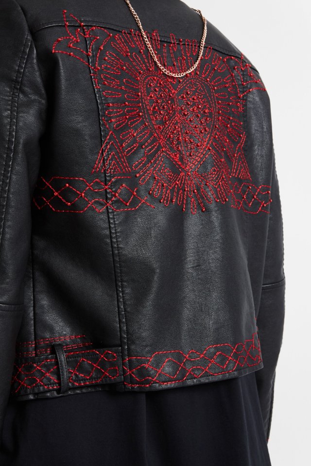 Desigual BEATING HEART black moto jacket with embroidered heart and beads FW2019
