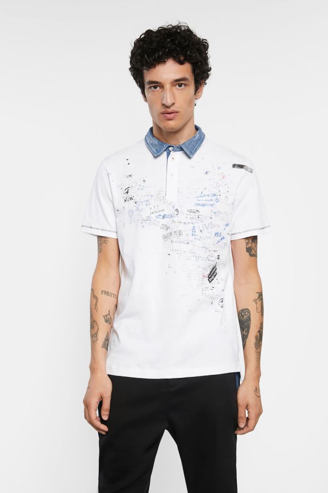 Desigual white polo shirt with denim collar