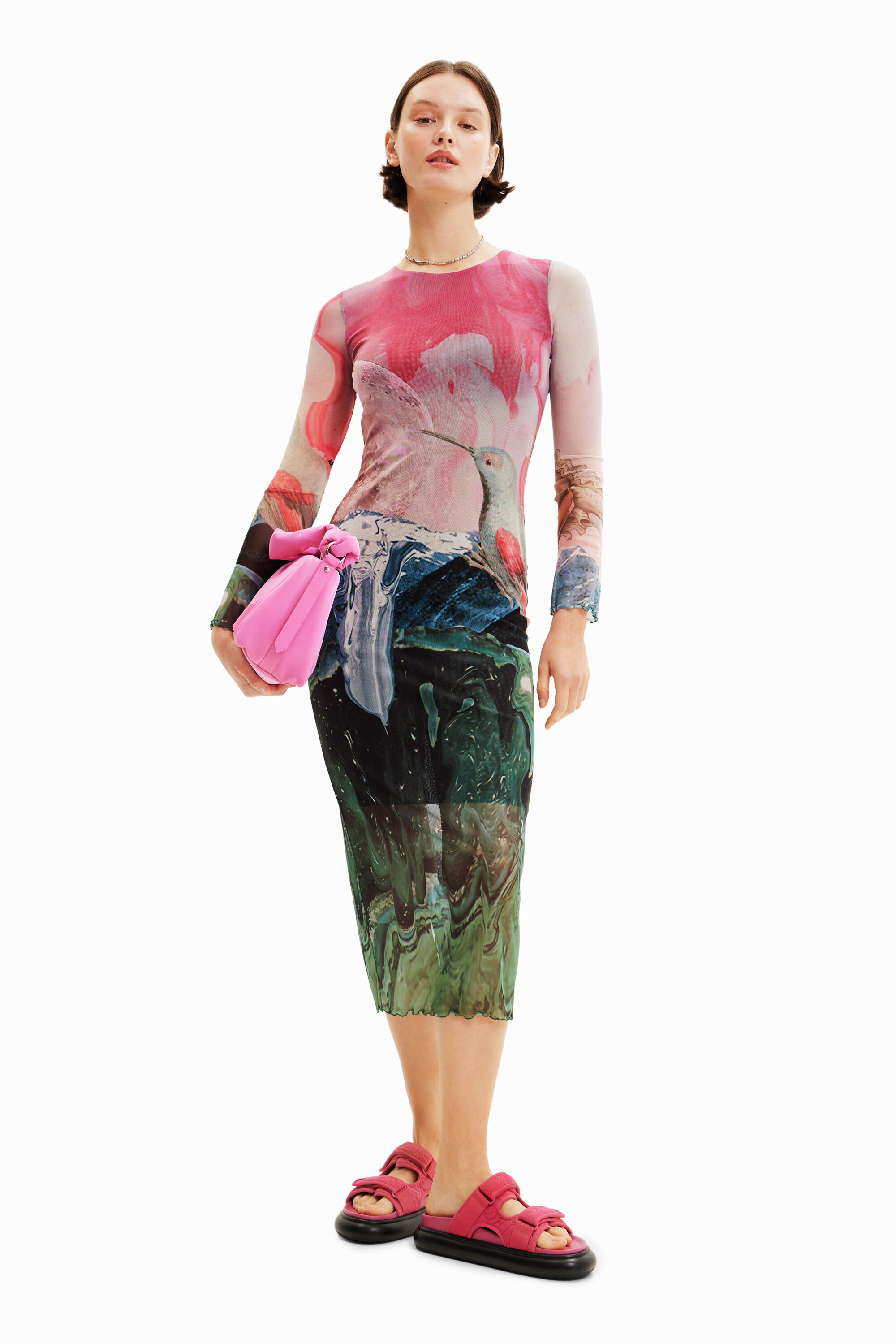 Desigual SKYLINE cropped tulle long-sleeve fantasy print top. Made in Spain. $205.95. Spring 2023 collection.