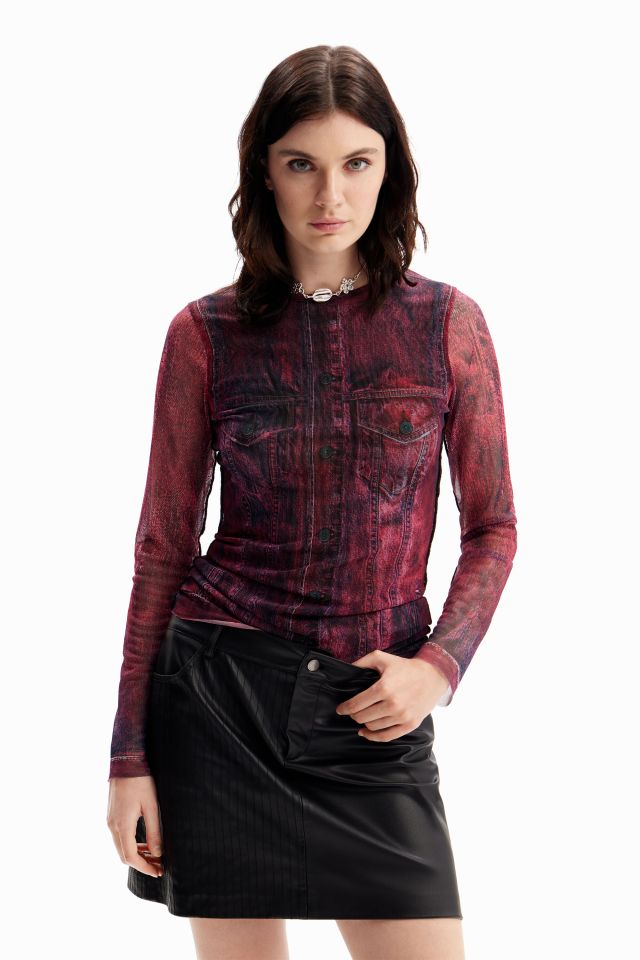 Desigual red long-sleeve T-shirt with denim print Fall 2023