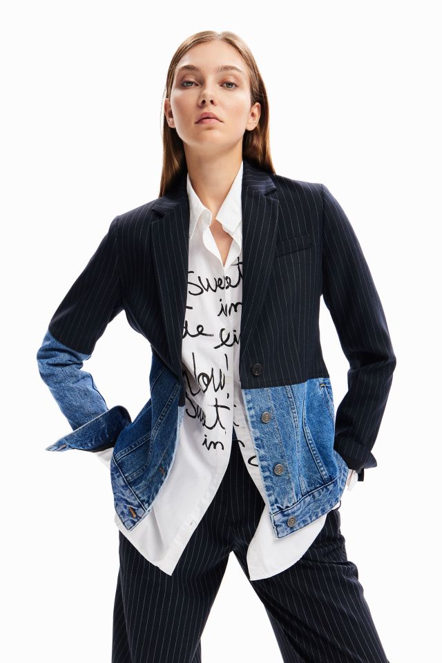 Desigual HYBRID denim pinstripe blazer Fall 2023 collection at Angel of Vancouver Canada