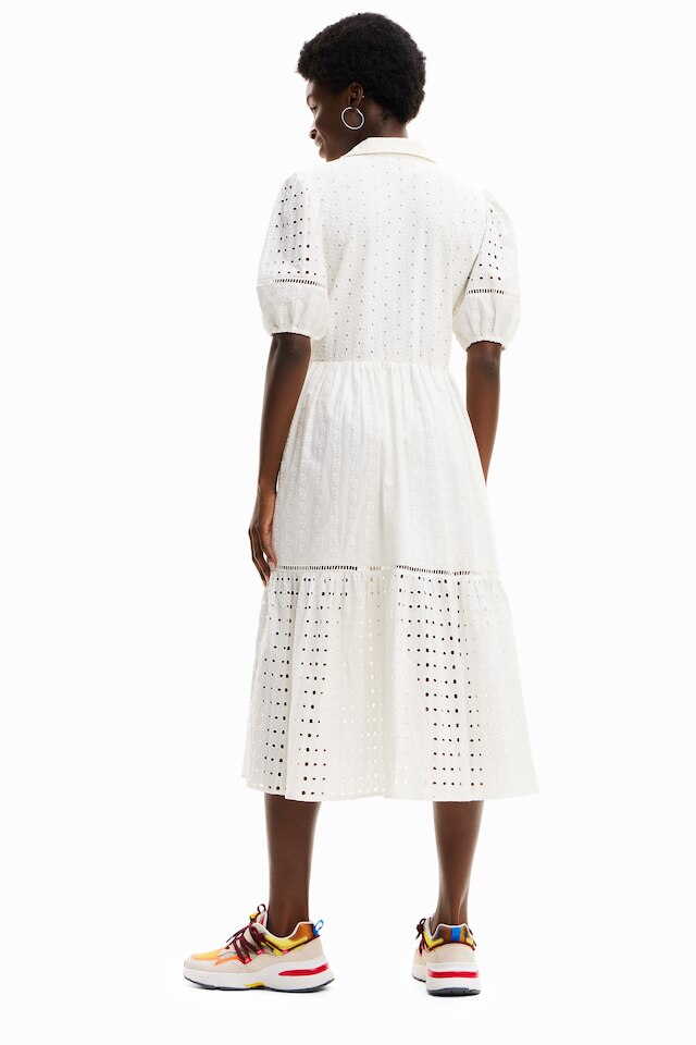 Desigual BERKELEY white cotton midi dress with Swedish embroidery SS2024