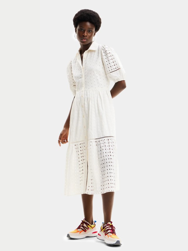 Desigual BERKELEY white cotton midi dress with Swedish embroidery SS2024