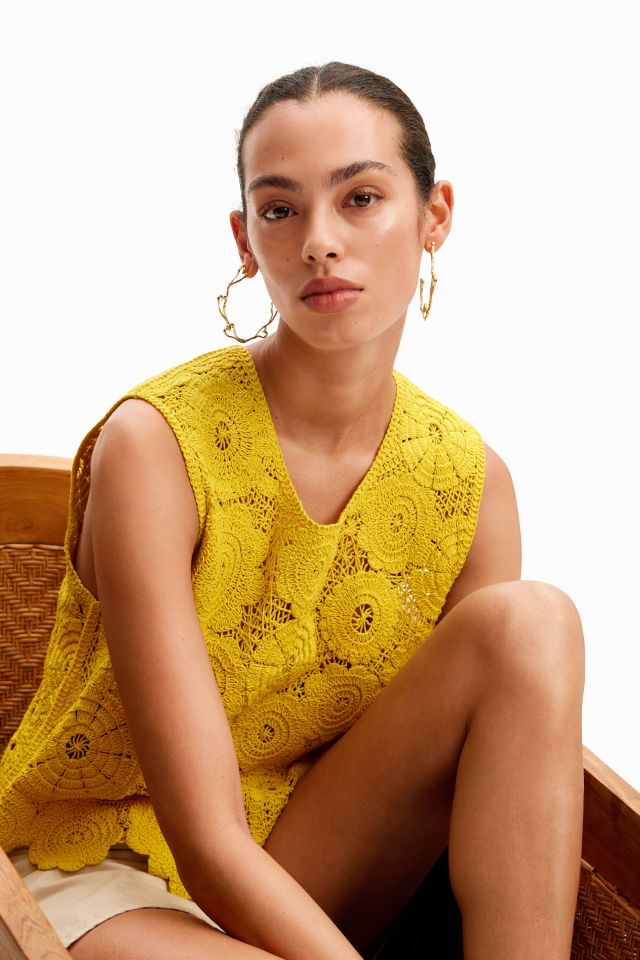 Desigual CROCHET yellow cotton sleeveless T-shirt SS2024