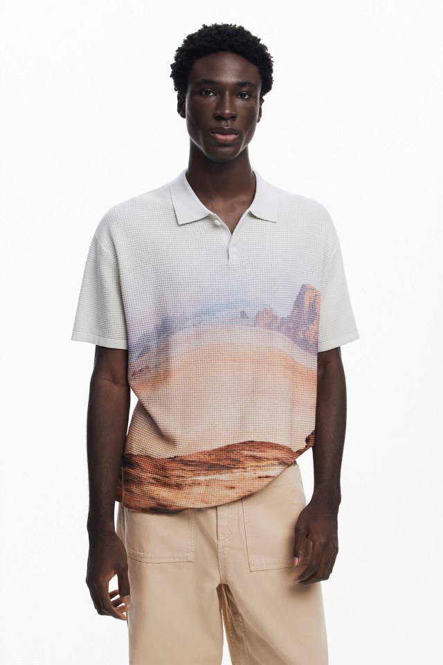 Desigual cotton polo with landscape print AW2024