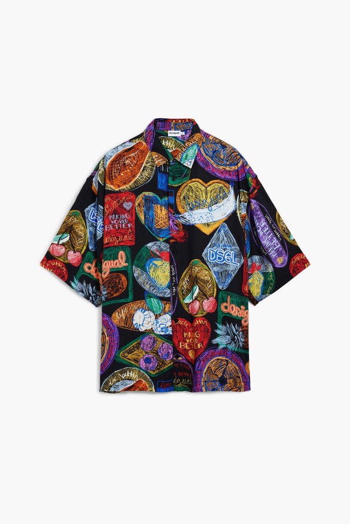 Desigual FRUIT black background short-sleeve shirt. $139.95.FW2025.