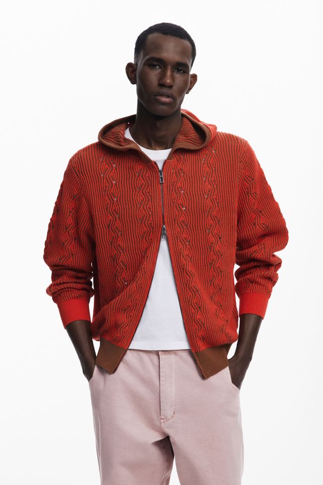 Desigual mens orange knit zip-up cotton sweater FW2025