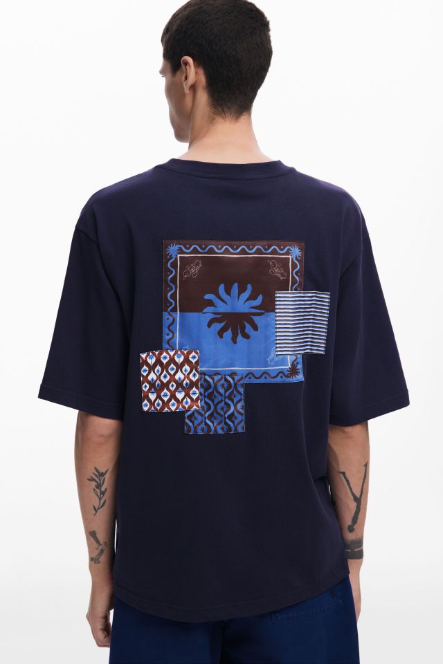 Desigual SUN cotton navy blue T-shirt with patchwork on back Fall 2025 men's collection