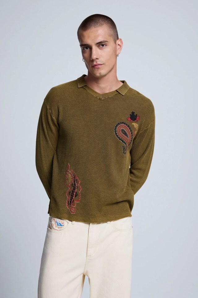 Desigual polo cotton sweater with embroidered paisley print. $189.95. FW2026.